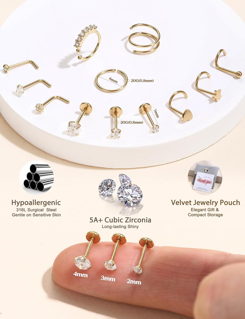 JeryWe Nose Rings for Women - 14K Gold Filled Hypoallergenic Surgical Steel Nose Ring Hoops CZ Lip Ring Screw L Shaped Studs Threadless Flat Back Stud Nose Piercings Jewelry for Women Men - Image 2